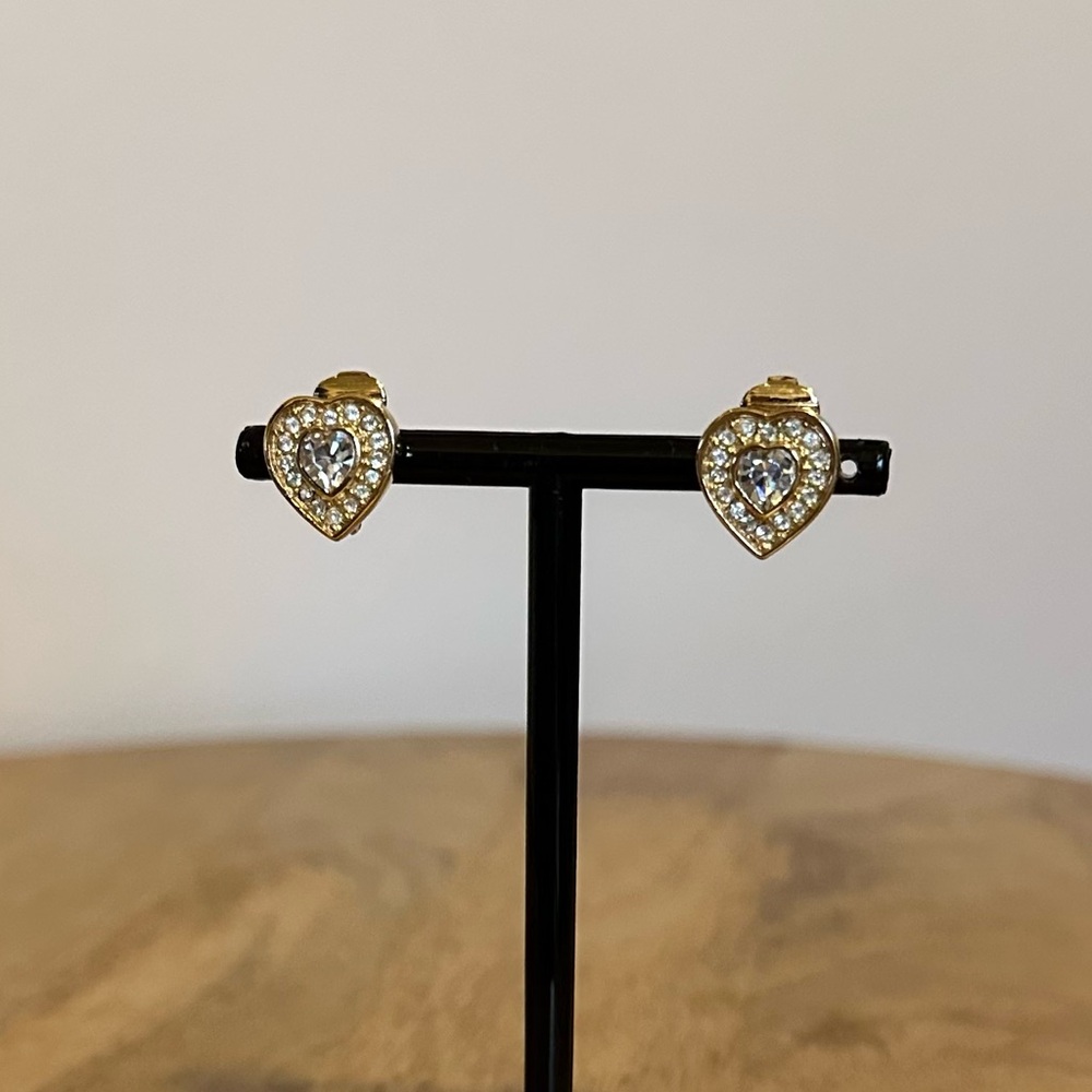 Dior Gold Plated Heart Crystal Stud Earrings - Picture 5 of 7